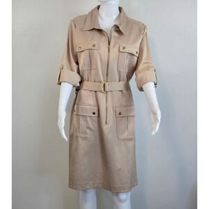 Sharagano Womens Tan Beige Utility Safari Shirt Dress Belted Cargo Size 16